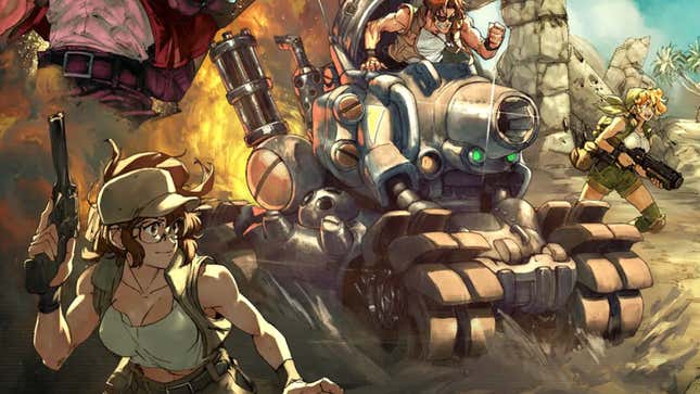 Personagens da Metal Slug Tactics Poise com armas e um tanque.